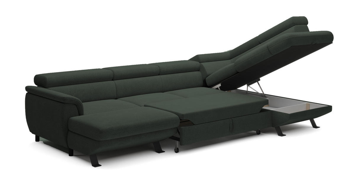 ECKSCHLAFSOFA Raven XL, Verstellbaren Kopfstützen, Bettkasten, Großes Sofa 334x198x162cm Rechte, Wald - Waldgrün, Holz/Textil (334/198cm) - DomoHome