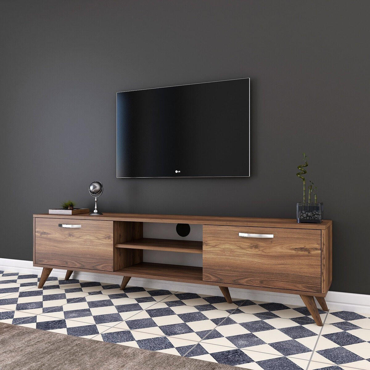 TV-MÖBEL 2 Klapptüren 2 offene Fächer in der Mitte Dekor Walnussholz 35/48,6/180 cm - Nussbaumfarben, Holzwerkstoff (35/48.6/180cm) - Calicosy