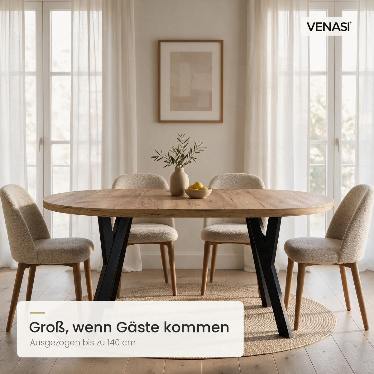 ESSTISCH ausziehbar rund 100-140 cm ATO Craft, Auszugstisch mit Einlegeplatte - Schwarz/Braun, Holzwerkstoff (100/100/77cm) - VENASI MÖBEL