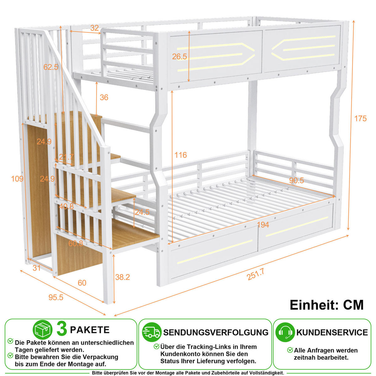 HOCHBETT 90/200 cm in Weiß mit LED, Stauraum und Treppe Metall & MDF - Weiß, Holzwerkstoff/Metall (90/200cm) - CHICFURN