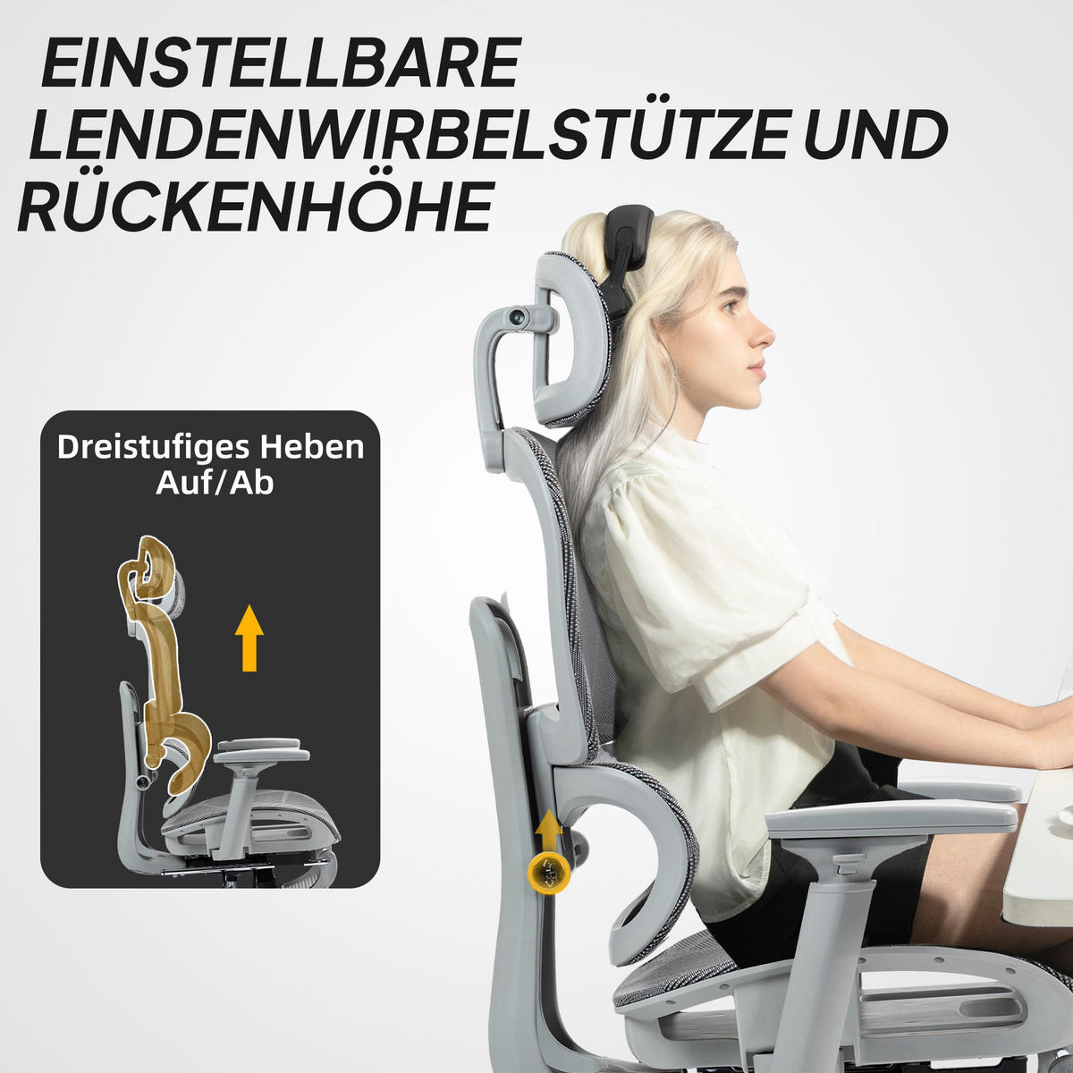 BÜROSTUHL, Ergonomischer Schreibtischstuhl mit Netzstoffbezug, verstellbar, rollbar, mit Armlehnen, Kopfstütze, Grau - Grau, Textil (64/122/66cm)