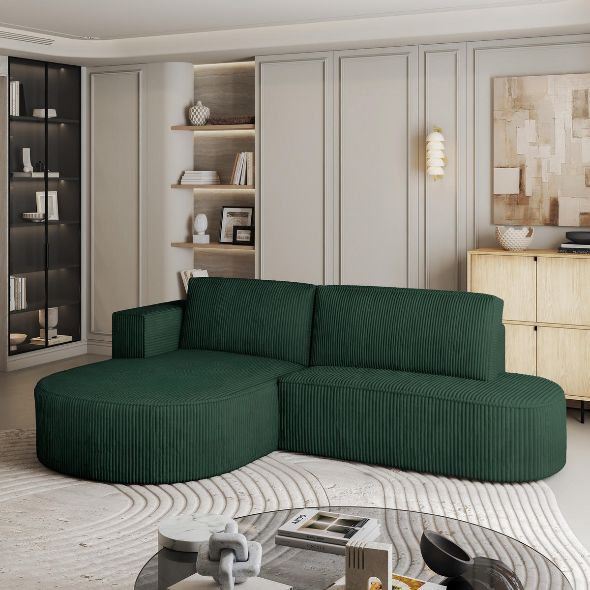 ECKSOFA CORTIO P L-S Grün Kordstoff mit Schlaffunktion - Grün, Holz (265/174cm) - MASSENO