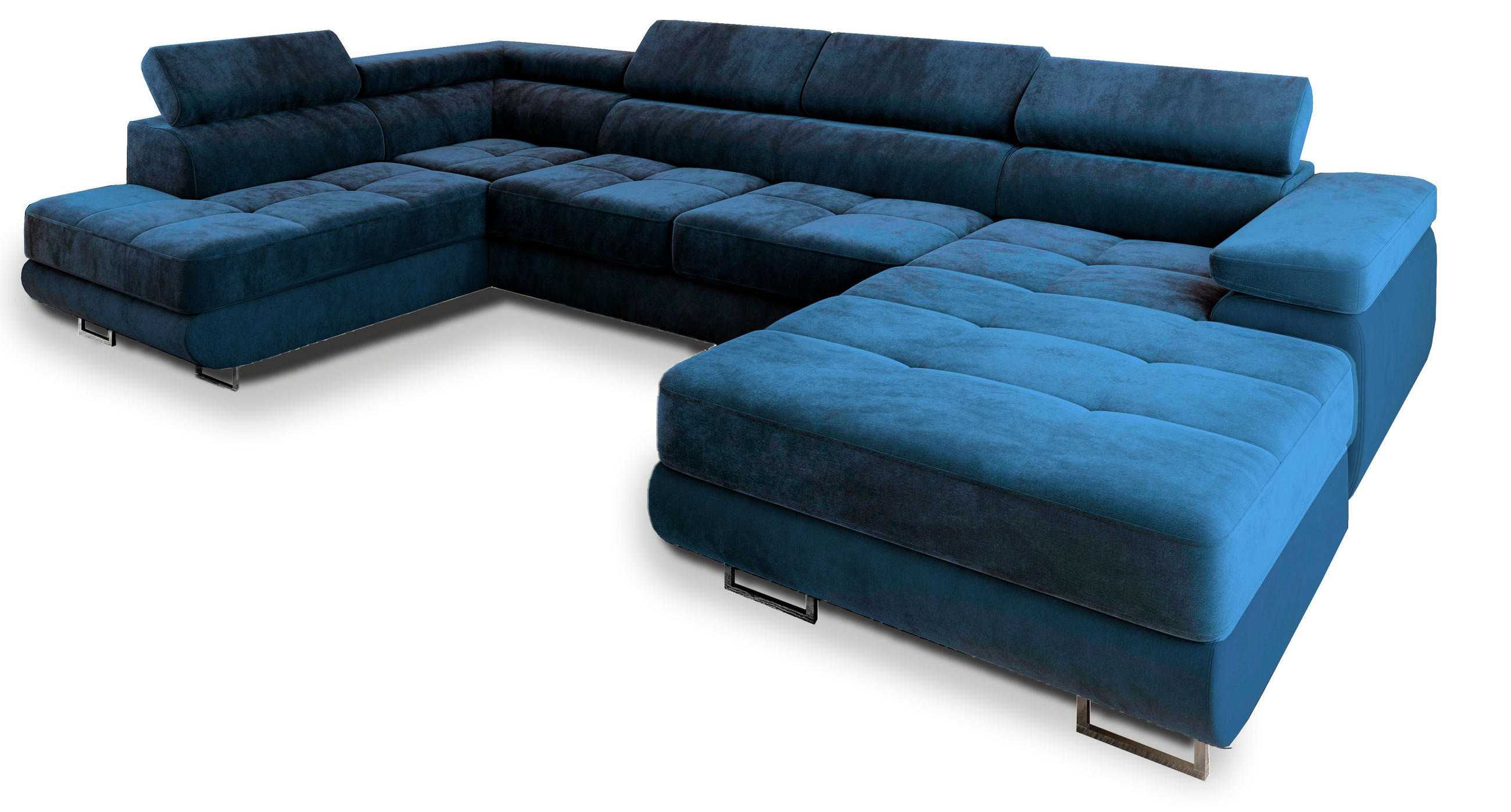WOHNLANDSCHAFT CASONE L-S Blau Velours-Stoff mit Schlaffunktion - Blau, Holz (345/90/202cm) - MASSENO