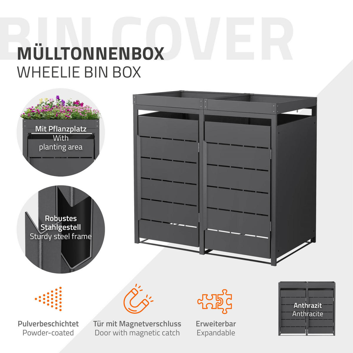 MÜLLTONNENBOX 2er mit Pflanzdach 240L 132x80x124 cm Anthrazit aus Stahl - Anthrazit, Metall (80/124/132cm) - ML-DESIGN