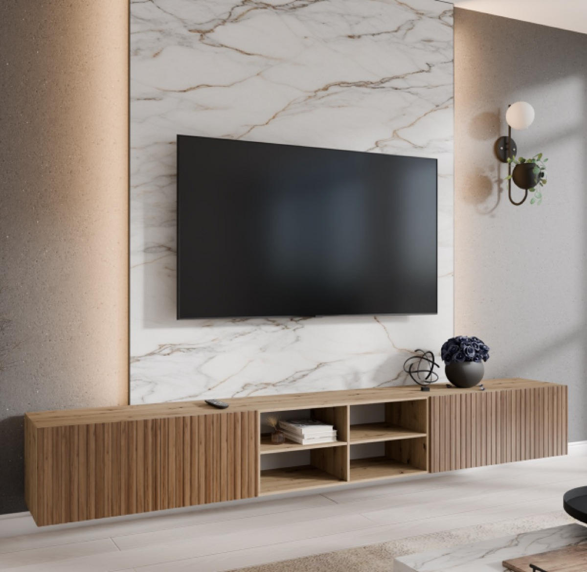 TV-SCHRANK Artisan+Katania RIO Offene Mit Regalen Geriffelt 300 cm - Eiche Artisan/Braun, Holzwerkstoff (300/41/40cm) - Sepro Meble