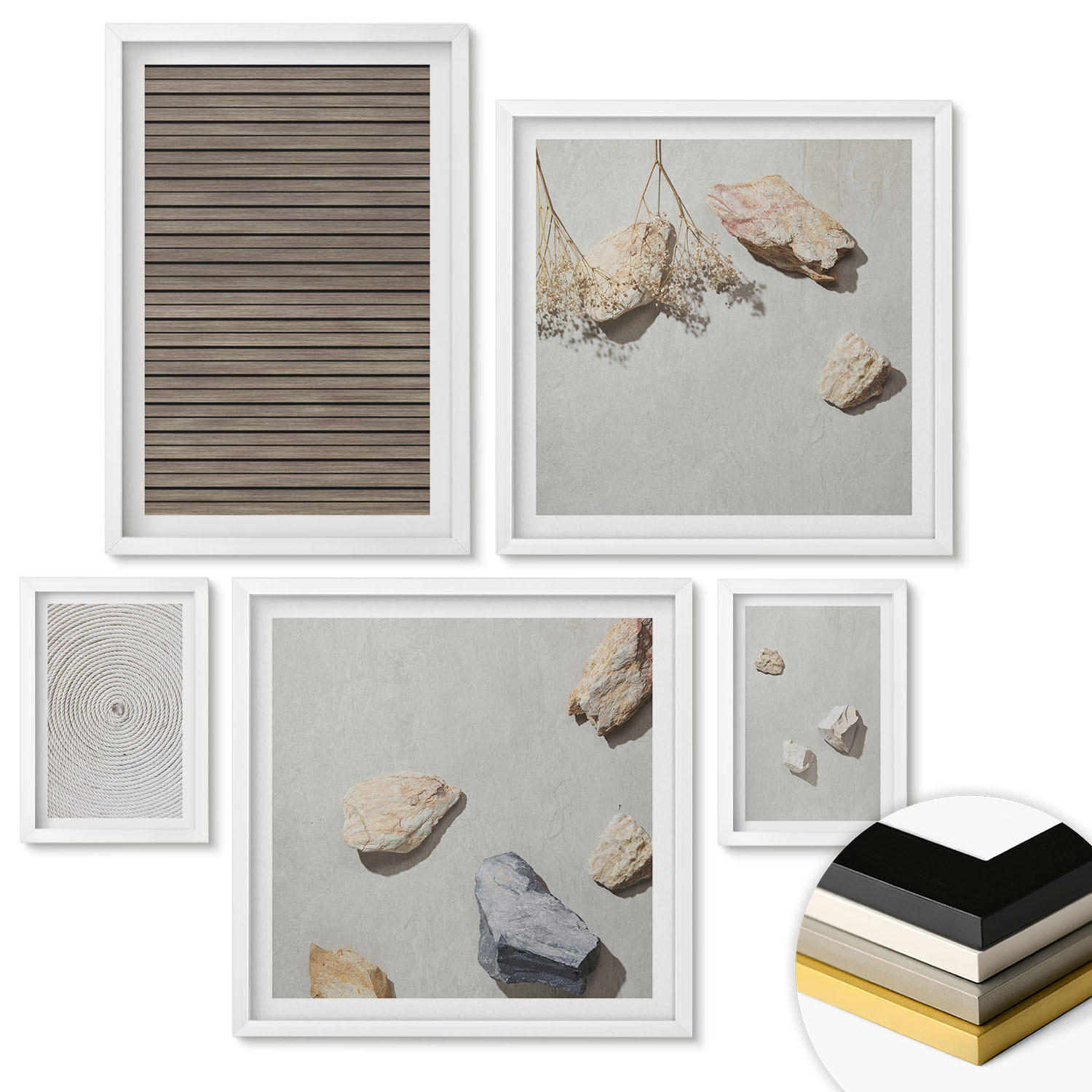 WANDBILDER 5er-Set - 50x50 cm & 20x30 cm & 40x60 cm Weißer Rahmen - Natürliche Texturen Holz Steine - Weiß, Kunststoff (40/60cm) - ArtPrintCave