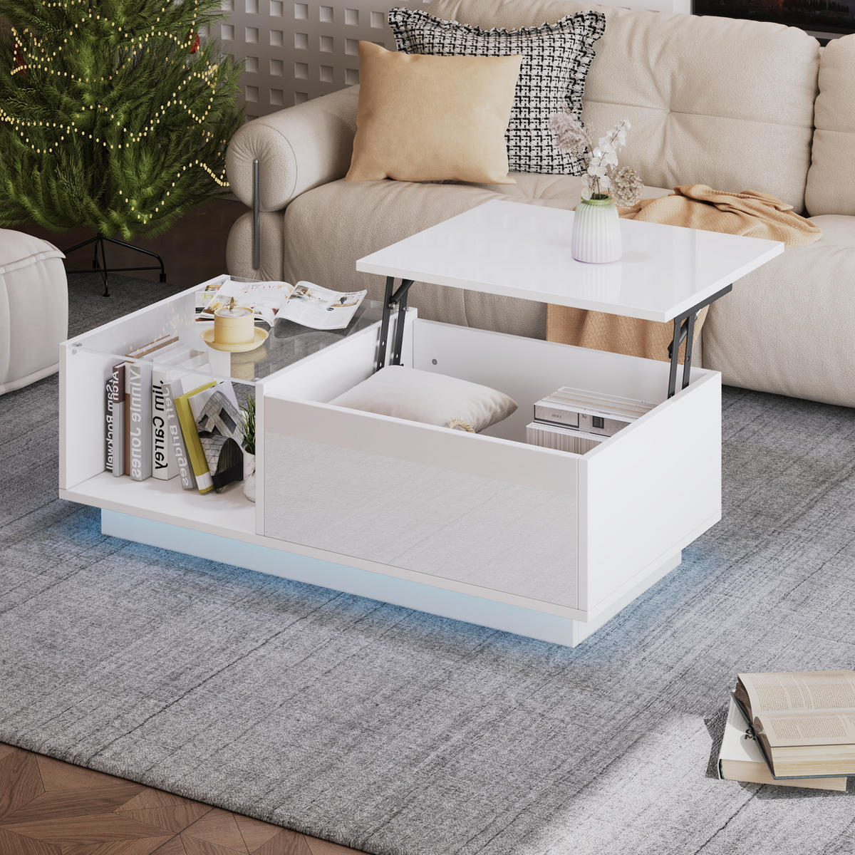 COUCHTISCH Hubtisch 100/50 cm LED 60000 Farben Stauraum Glas Hochglanz Spanplatte modern Wohnzimmer - Weiß, Holzwerkstoff (100/50/33cm) - EVRYAE