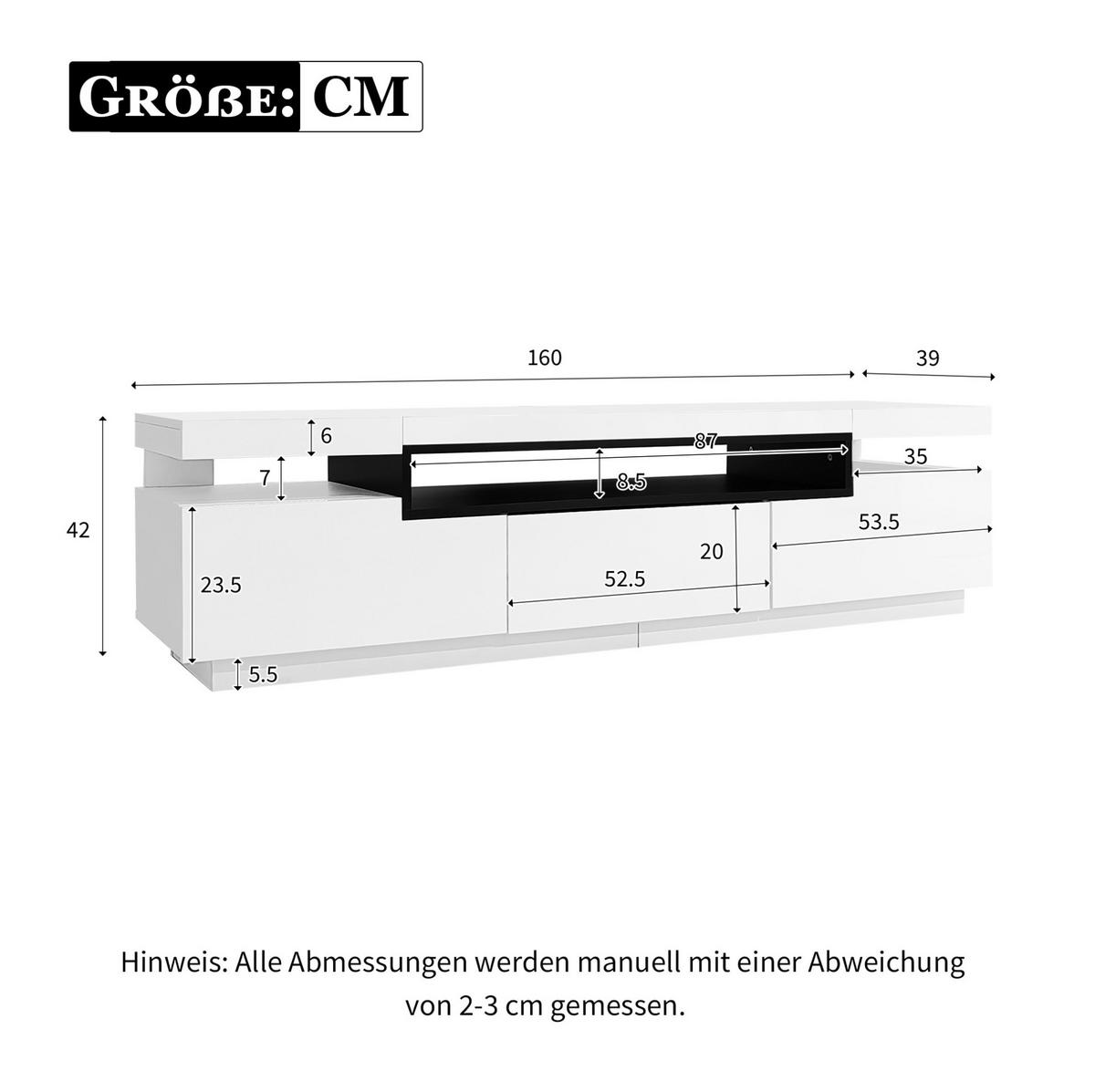 LOWBOARD 160/39/42 cm aus Holzwerkstoff mit LED-Beleuchtung und 3 Schubladen Weiß - Weiß, Holzwerkstoff (160/42/39cm) - Modenvie