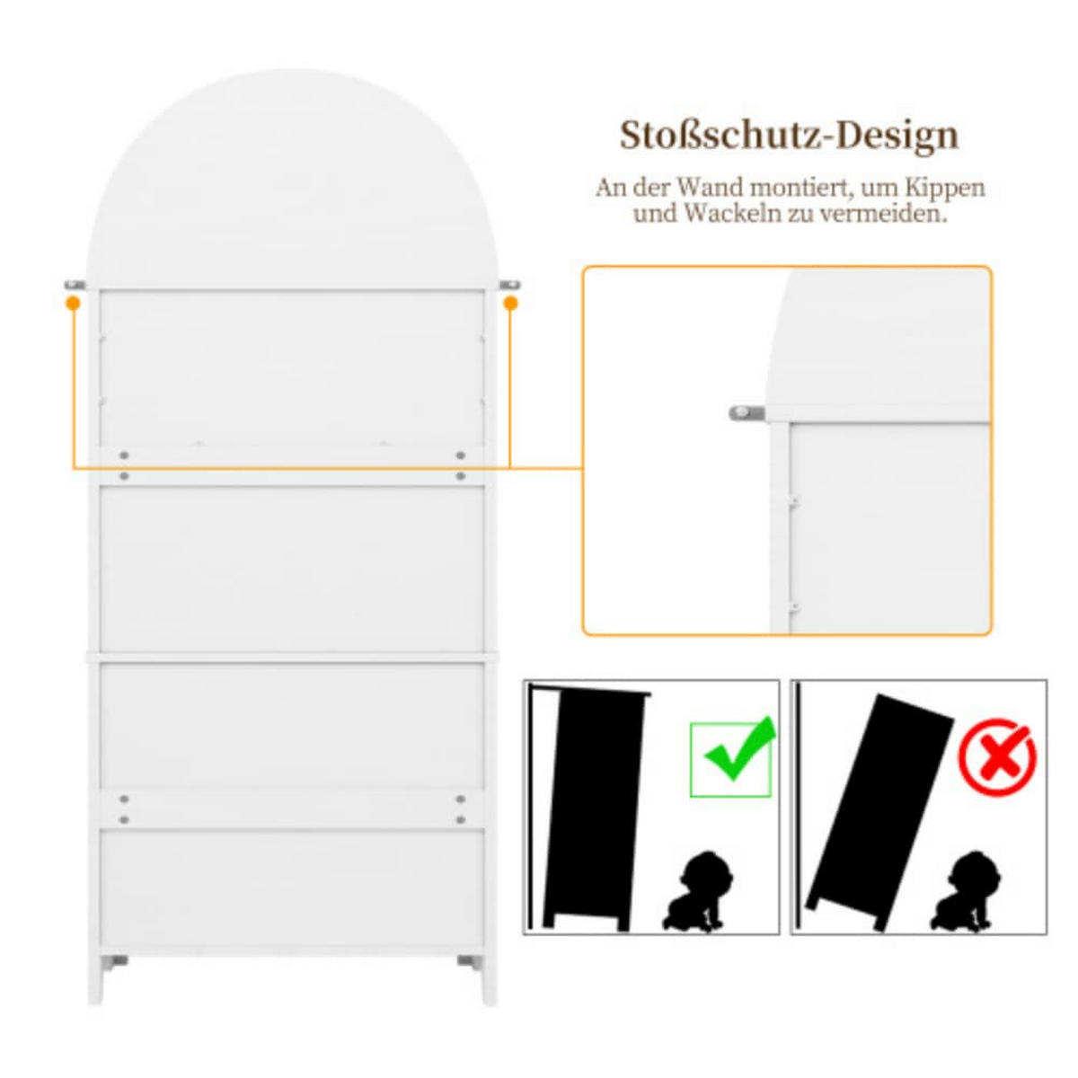 HOCHSCHRANK 70x35x180 cm, 3 Schubladen, Türen, offener Ausstellungsbereich, Bogen-Design, Metallgriffe, Kippschutz, Weiß - Weiß, Holzwerkstoff (70/180/35cm) - FOHERE
