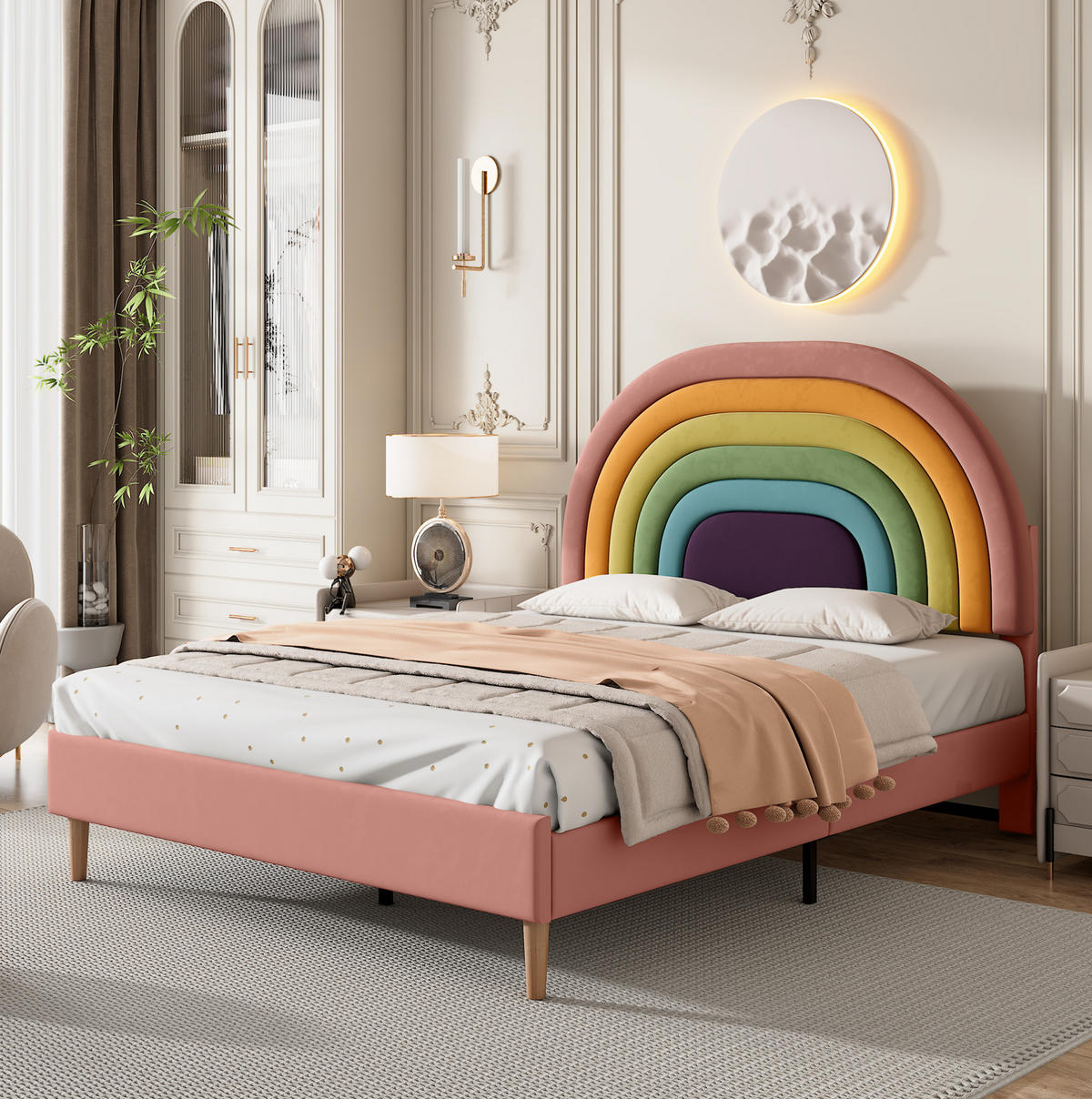 POLSTERBETT 140/200 cm mit Lattenrost, höhenverstellbarem Regenbogen-Kopfteil aus Samt, Rosa - Rosa, Textil (140/200cm) - Redom