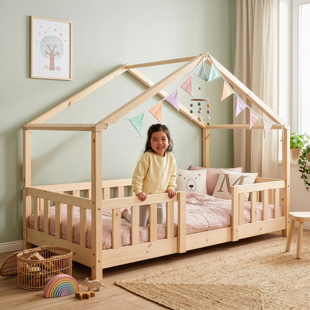 HAUSBETT Treviolo - Naturfarben, Holz (80/160cm) - [en.casa]