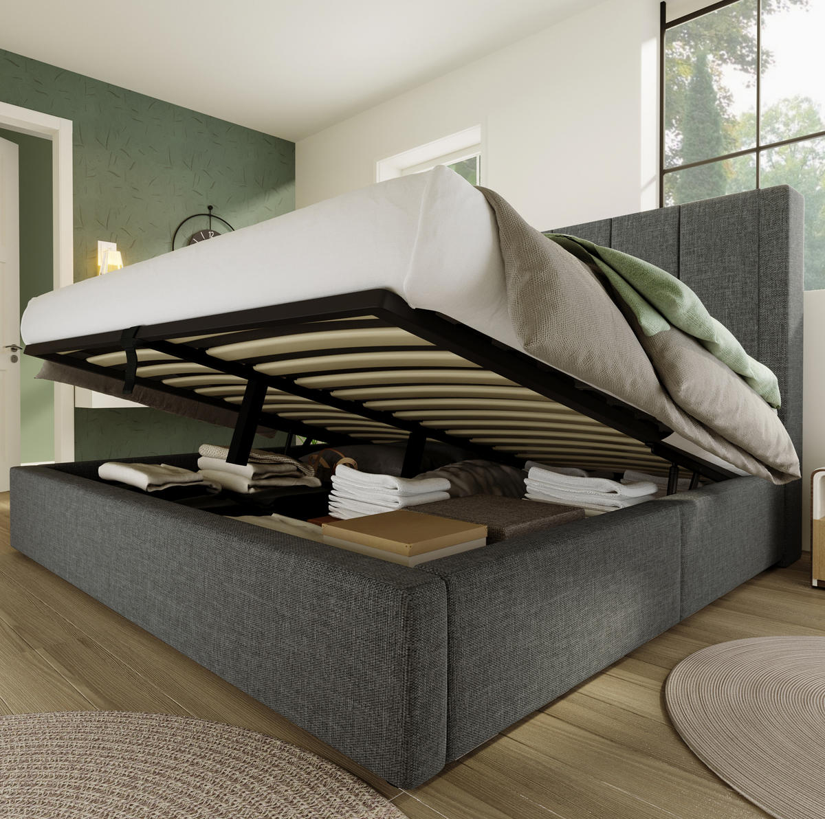 POLSTERBETT aus Leinen 160x200 cm Grau mit Bettkasten, Ladestation und Matratze - Grau, Textil (160/200cm) - IVMEU