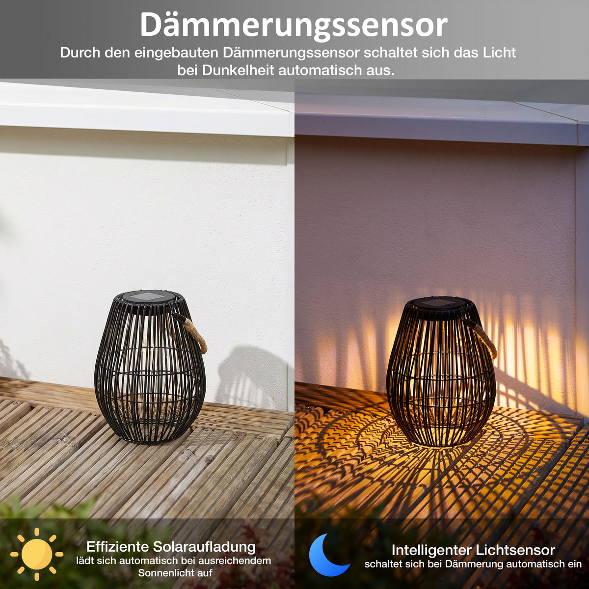 SOLAR-GEFLECHTLATERNE Oval Schwarz Ø18 5cmx24cm Kunststoff-Rattan-Metall - Schwarz, Metall (16/16/35cm) - Northpoint