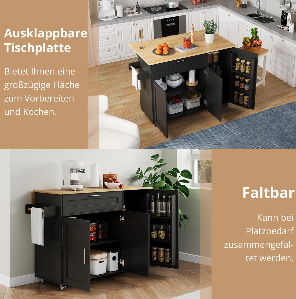 KÜCHENWAGEN 132.5x70x90cm Schwarz Spanplatte mit Klappplatte & Schublade - Schwarz, Holzwerkstoff (132.5/90/70cm) - Modfu