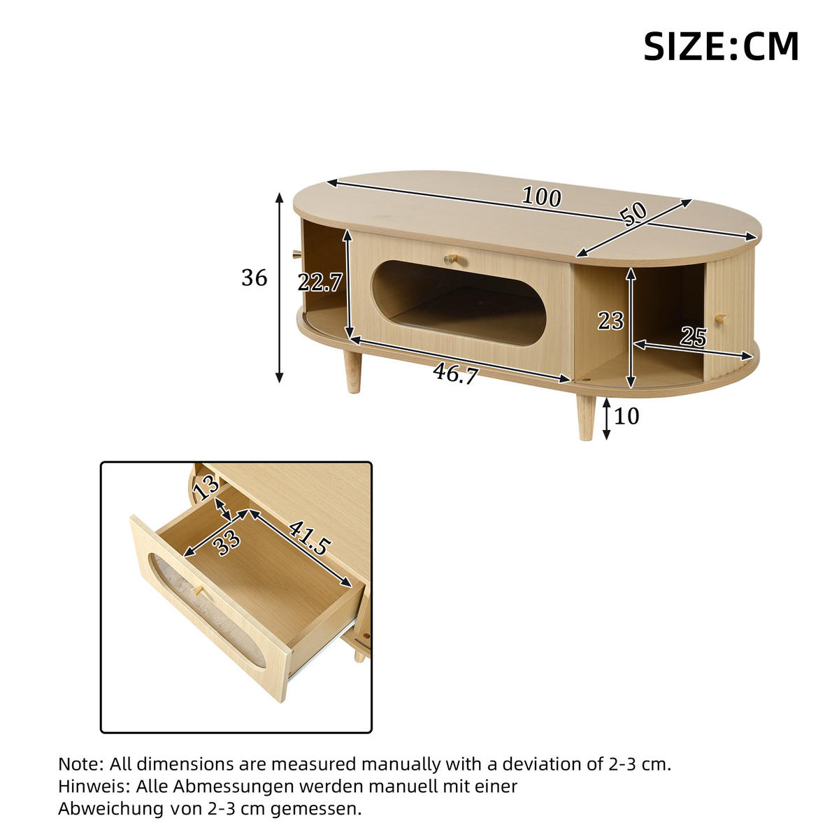 COUCHTISCH 100/50/36 cm holzfarben aus MDF mit Schublade und Rollladentüren - Eichefarben, Holzwerkstoff (100/50/36cm) - OKWISH