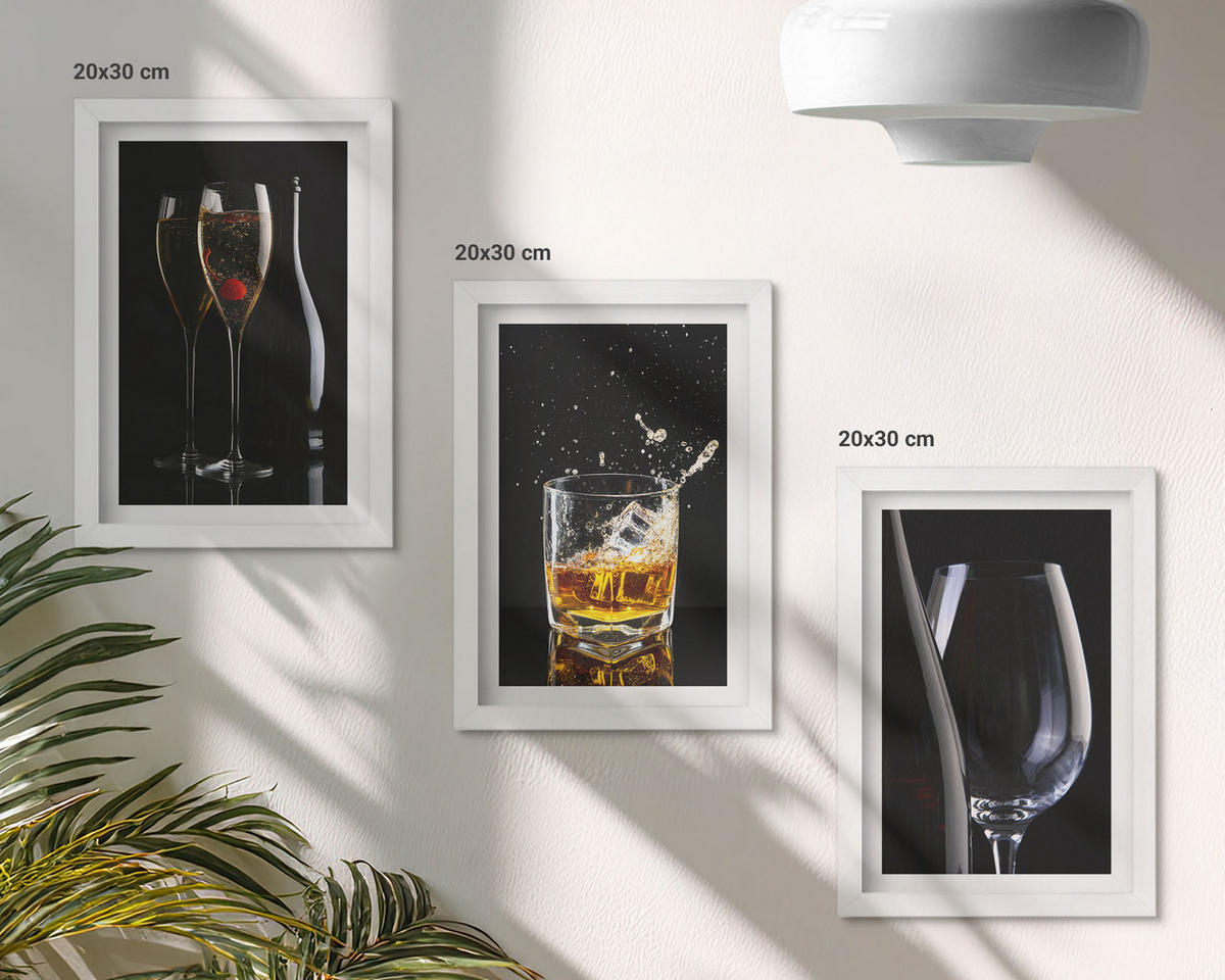 WANDBILDER 3er-Set - 20x30 cm Weißer Rahmen - Weingläser und Whiskygläser auf schwarzem Hintergrund - Weiß, Kunststoff (20/30cm) - ArtPrintCave
