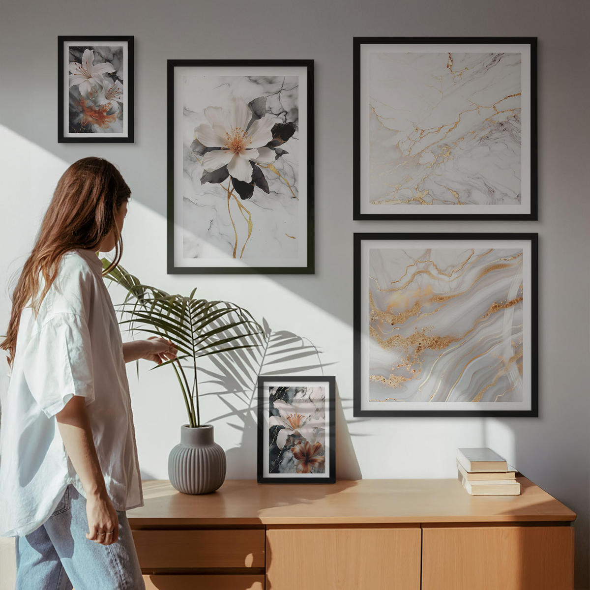 WANDBILDER 5er-Set - 50x50 cm & 20x30 cm & 40x60 cm Schwarzer Rahmen - Bilder mit blau-goldenen Mustern - Schwarz, Kunststoff (40/60cm) - ArtPrintCave
