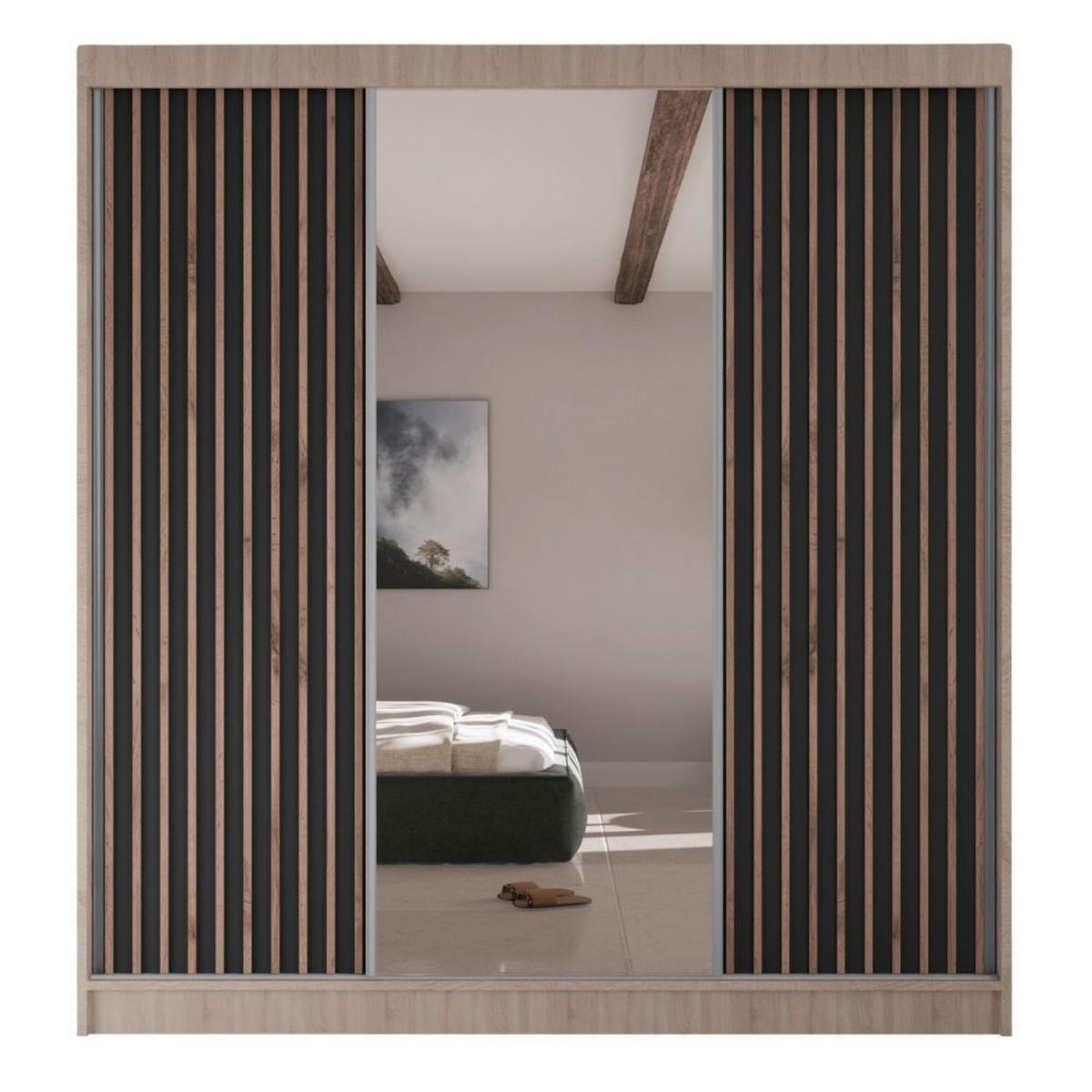 SCHWEBETÜRENSCHRANK Lami mit Spiegel und Lamellen, 215x200x61cm, eiche Sonoma+Schwarz - Schwarz/Sonoma Eiche, Holzwerkstoff (200/215/61cm) - AN-Moebel 4u