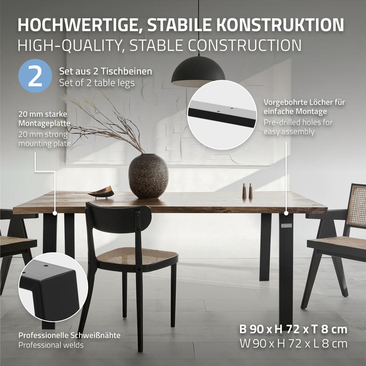 TISCHBEINE 2er Set Loft 90 x 72 cm Schwarz matt - Schwarz, Metall (90/72/8cm) - ML-DESIGN