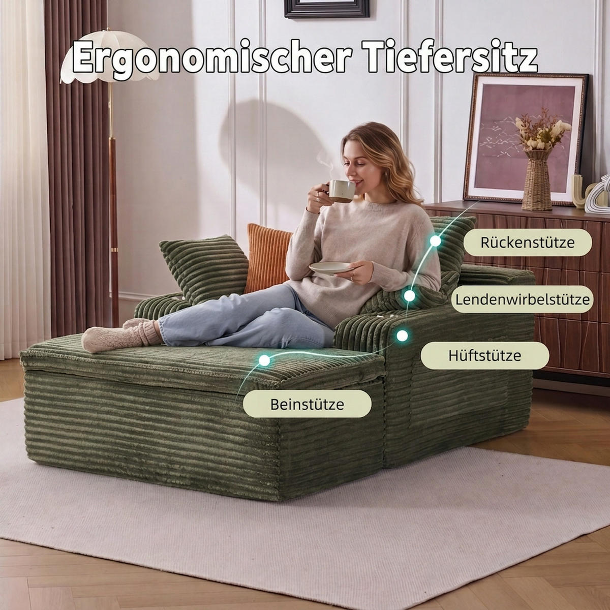 SCHLAFSOFA 165/112/63 cm Grün mit Chaiselongue, 3 Kissen und 1 Decke - Grün, Textil (112/63/165cm) - Oxeza