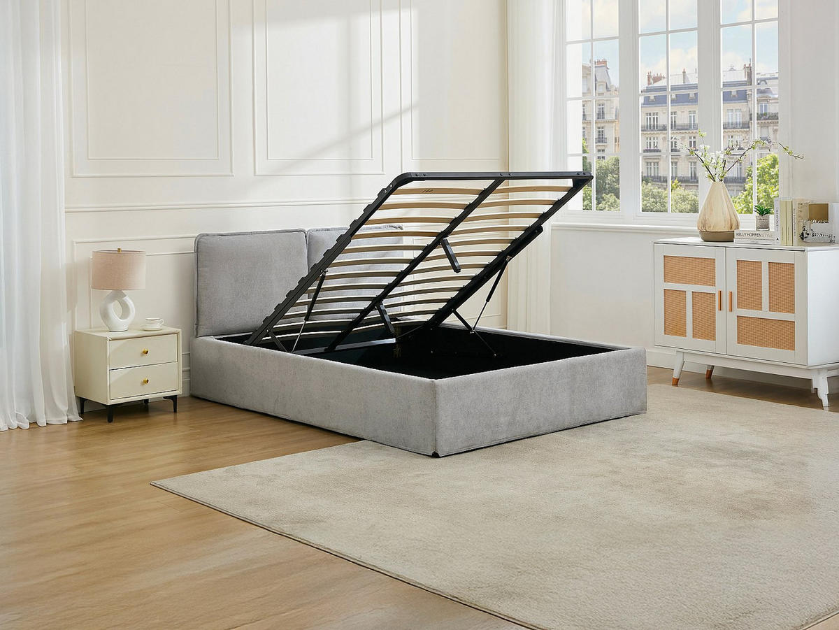 BETT mit Bettkasten - 2 Personen - Stoff - Hellgrau - - Hellgrau, Textil (140/190cm) - Vente-Unique