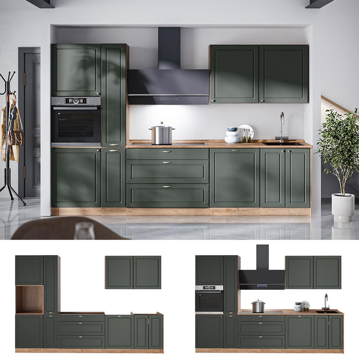 KÜCHENZEILE Fame-Line, Grün-Gold Landhaus/Goldkraft Eiche, 310 cm ohne Arbeitsplatte - Honigeiche/Grün, Holzwerkstoff (310/206.8/51.6cm) - Vicco