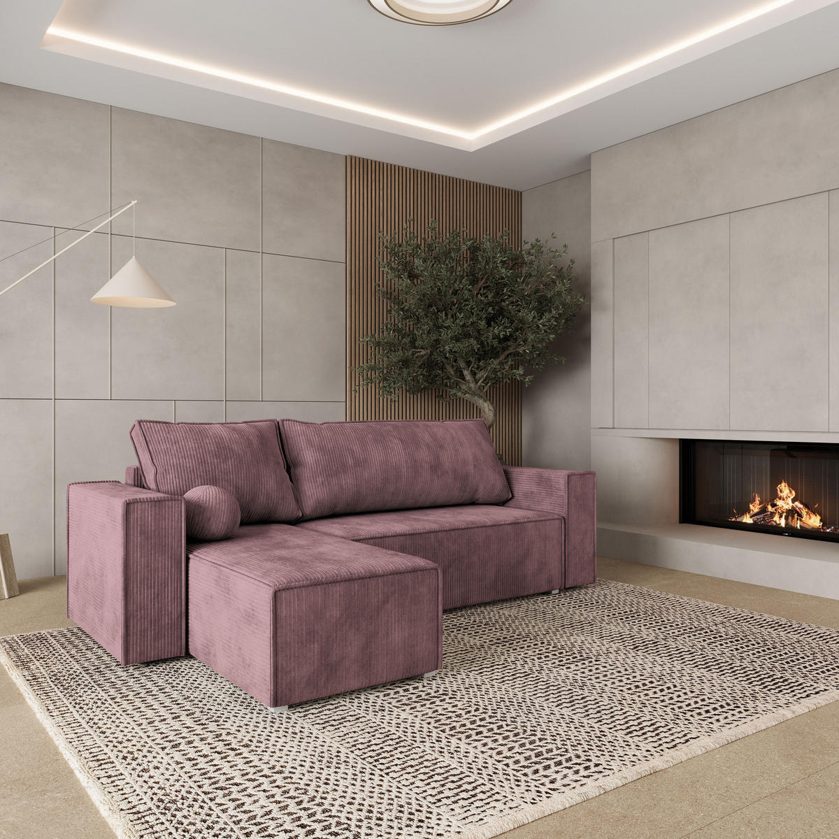 ROHOVÁ SEDAČKA RAVELO šeříková - šedá/šeříková, dřevo/textil (240/140cm) - MASSENO