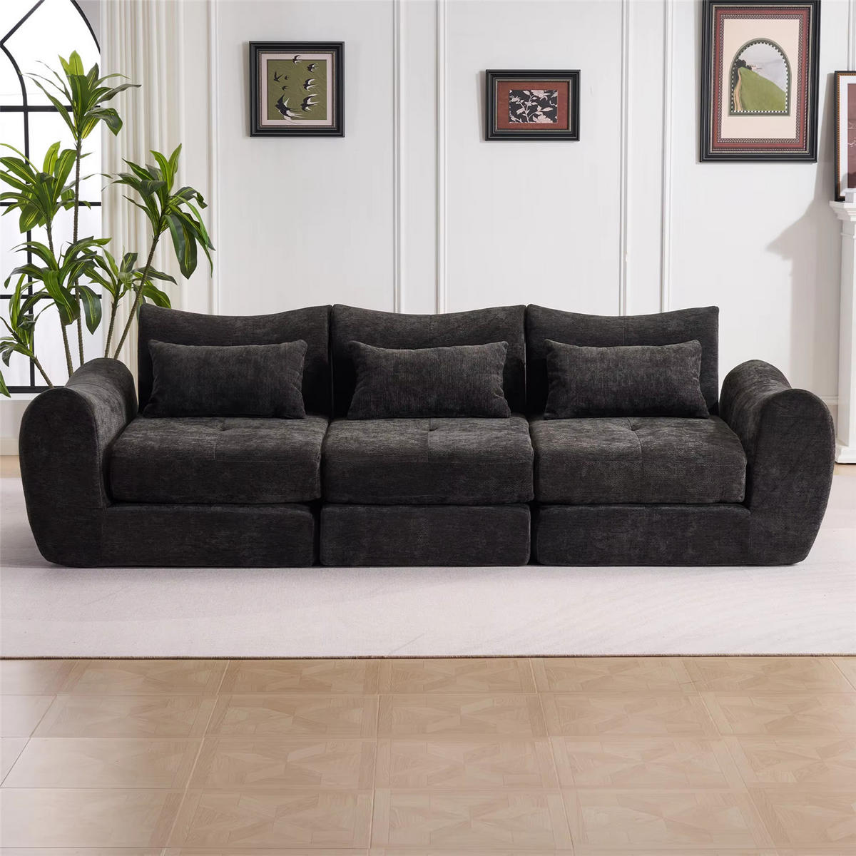 SCHLAFSOFA 3-Sitzer Chenille, Montagefreies Kompressionssofa, Schwarz - Schwarz, Textil (262/78/97cm) - Kaket