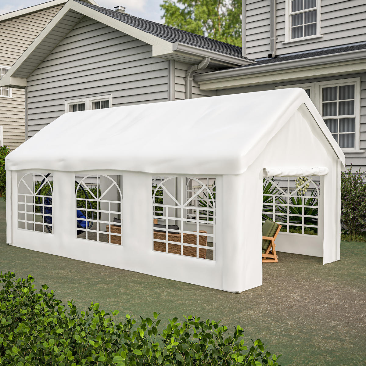 KLEINGARAGE aus PE Rattan, Eisen & wasserdichtem Stoff 3x6 m in Weiß - Weiß, Metall (299/283/598cm) - Modfu