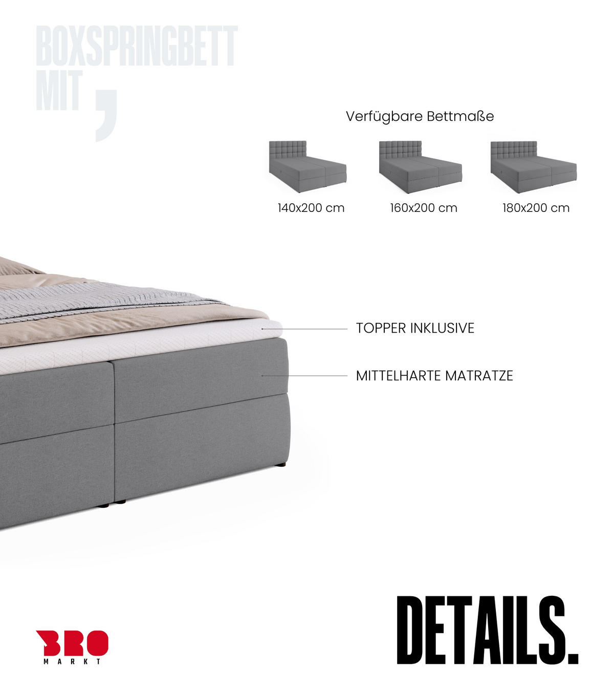 BOXBETT Dakota mit Topper 160/200 Hellgrau - Hellgrau, Textil (160/200cm) - Bromarkt