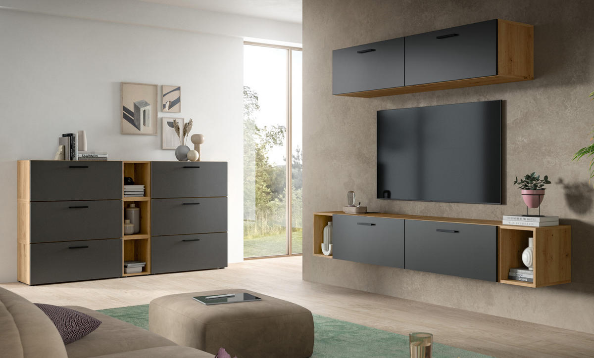 WOHNWAND grau, Eiche Artisan 300 cm, Wohnkombination hängend / stehend - Schwarz/Eiche Artisan, Holzwerkstoff/Kunststoff (300/178/34cm) - Inn.Furn