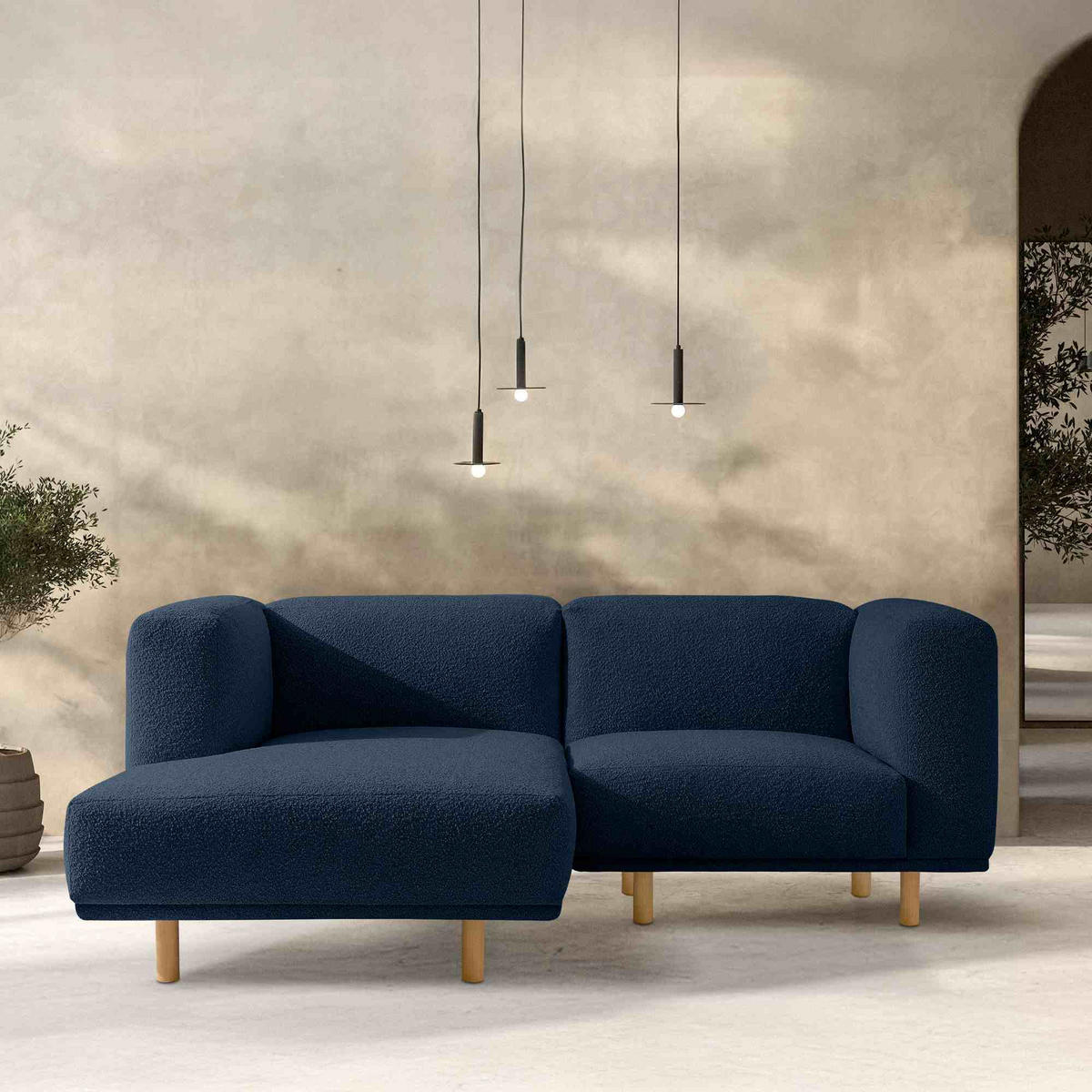 ECKSOFA-LINKS FOSERO, Bouclé - Buchefarben/Dunkelblau, Holz/Holzwerkstoff (204/155cm) - KONSIMO®