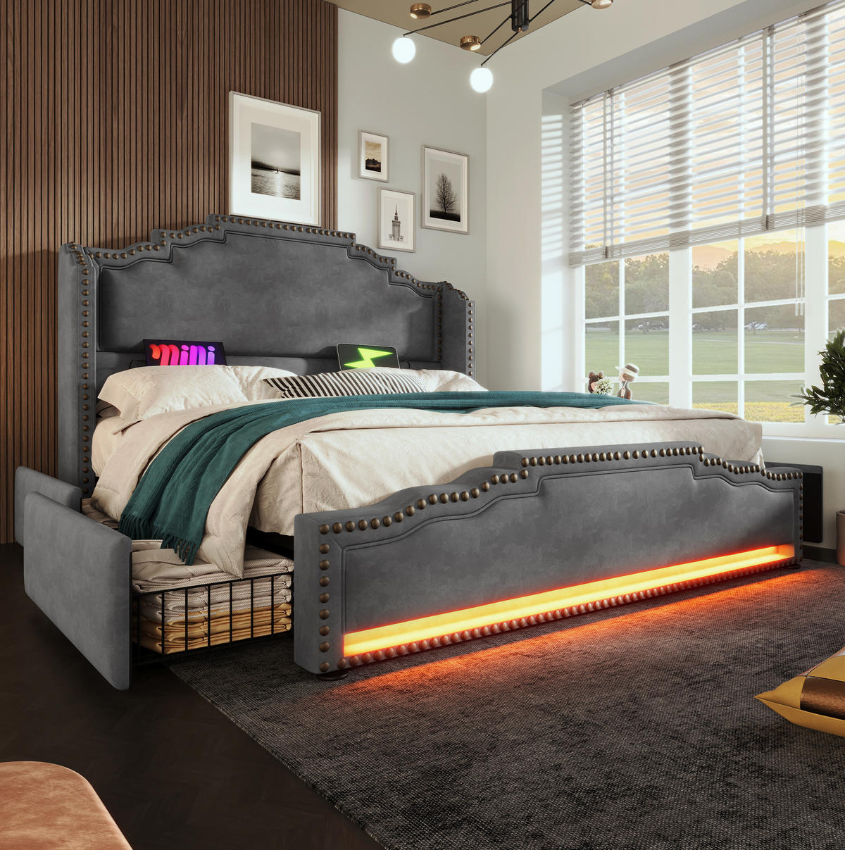 BETT mit 4 Schubladen, LED und USB-C 160x200 cm Samt Grau - Grau, Metall (160/200cm) - Meubliv