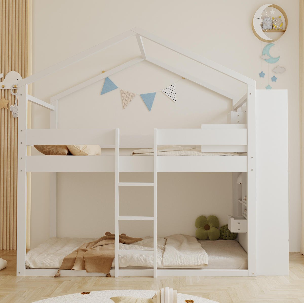 ETAGENBETT aus Kiefernholz 90x200 cm Weiß mit Stauraum, Sicherheitsgeländer und multifunktionalem Unterbett - Weiß, Holzwerkstoff (90/200cm) - Modfu