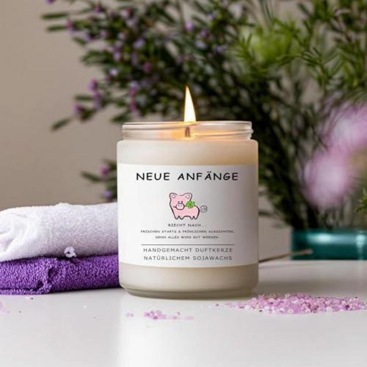 DUFTKERZE Neuanfang Lavendel handgemacht 45h Brenndauer - Weiß, Paraffin (9.1cm)