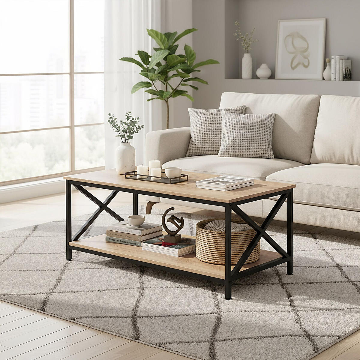 COUCHTISCH Pittsburgh,100 x 55 x 45,5 cm,Industrial Holz hell, Eiche Sonoma - Naturfarben, Holzwerkstoff (100/55/45.5cm) - tectake