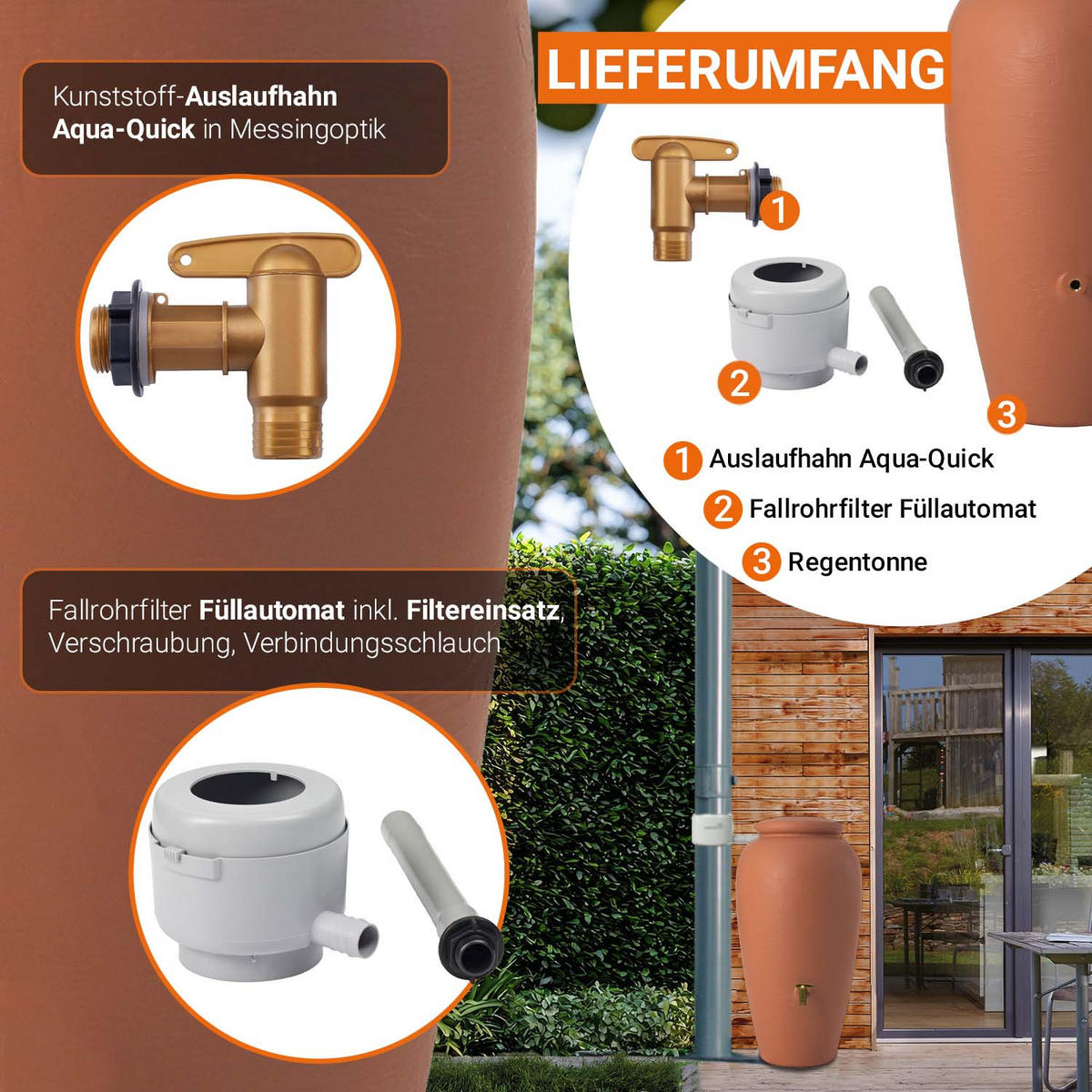 AMPHORE Regentonnen Komplett-Set 240 L kotta - Terracotta, Kunststoff (59/118/59cm) - GARANTIA