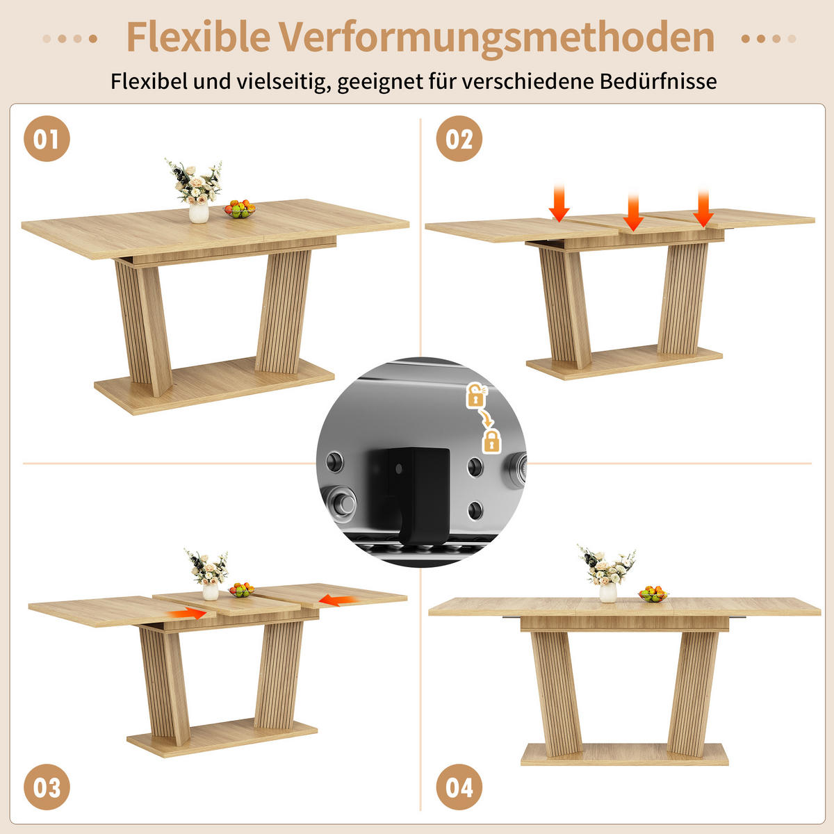 ESSTISCH Naturfarben 160×80×76 cm ausziehbar mit geriffelten Stützbeinen aus Holzwerkstoff - Naturfarben, Holzwerkstoff (80/160/76cm) - Luhomfu