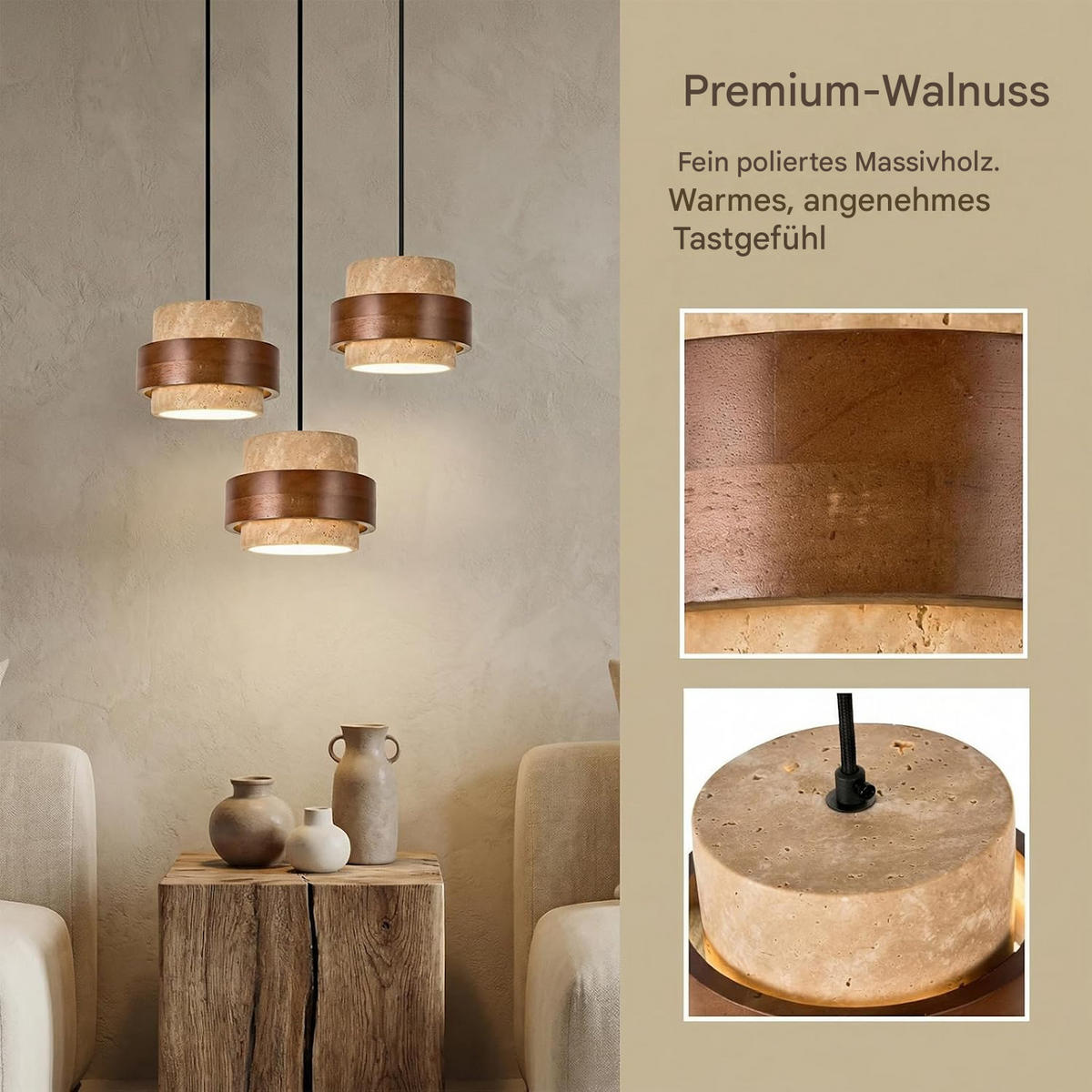 PENDELLEUCHTE Travertin Gelb & Holz, Japandi Rund - Gelb, Naturmaterialien (170/30/50cm) - Weltevree