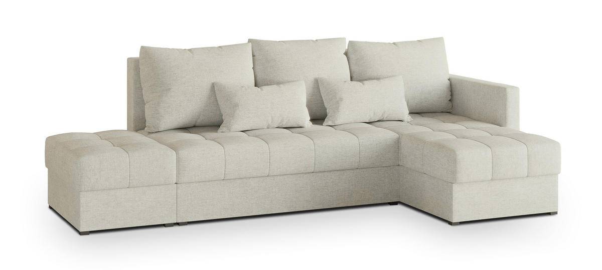 ECKSOFA LUMARI R-S Creme Plüsch-Stoff mit Schlaffunktion - Creme, Holz (262/143cm) - MASSENO