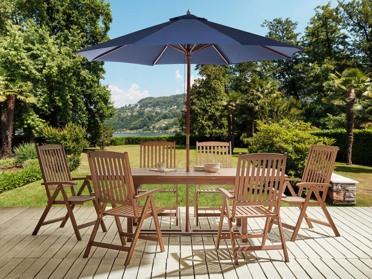 GARTENMÖBEL SET 6-Sitzer mit Sonnenschirm blau Akazienholz dunkelbraun Amantea - Blau/Dunkelbraun, Holz - Beliani