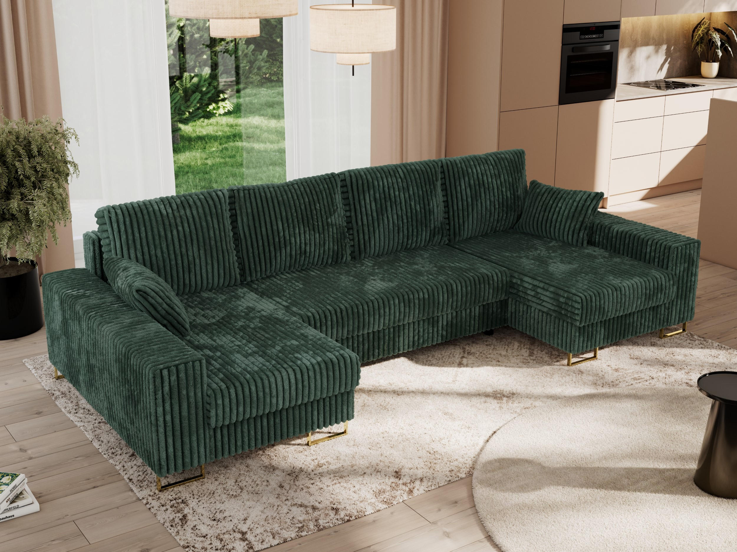 WOHNLANDSCHAFT DORIAN U Cord Grün - Goldfarben/Grün, Textil/Metall (312/95/138cm) - MKS