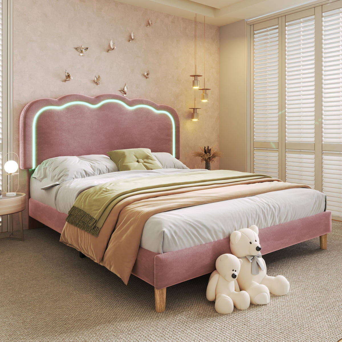 POLSTERBETT aus Samt 140x200 cm in Rosa mit LED-Kopfteil - Rosa, Textil (140/200cm) - Modfu