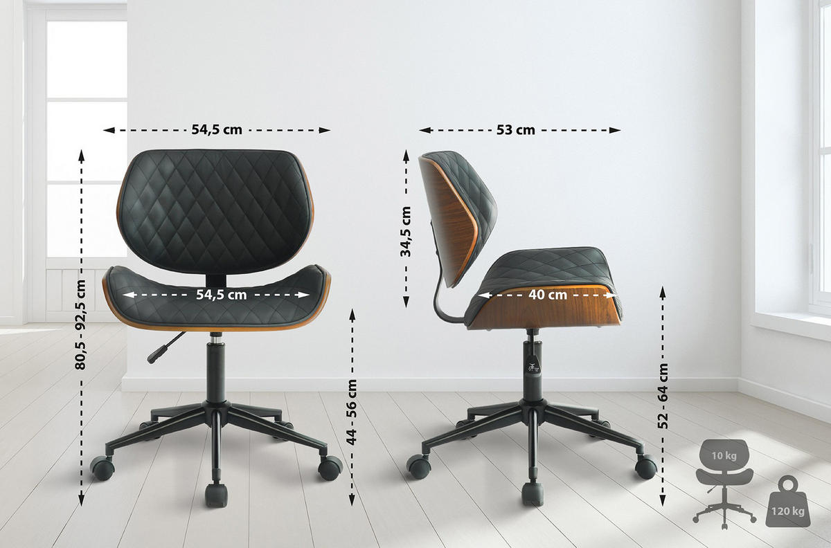 BÜROSTUHL Kryos Kunstleder walnuss/schwarz - Schwarz, Metall (54.5/92/53cm) - TPFLiving