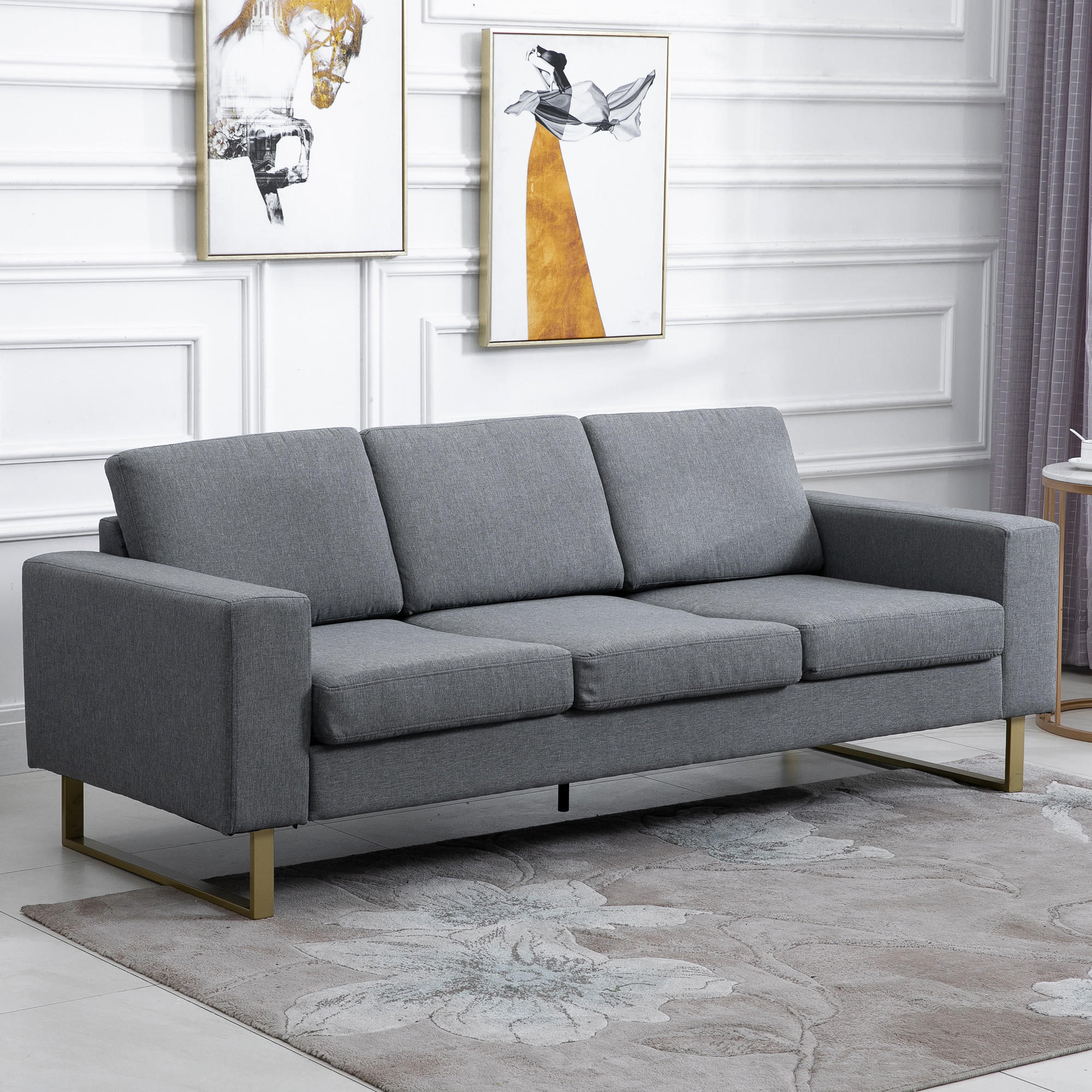 SOFA 3-Sitzer Couch Stoffsofa Sessel Sitzmöbel Polstersofa Loungesofa Armlehne - Dunkelgrau, Holz (82/78/200cm) - HOMCOM