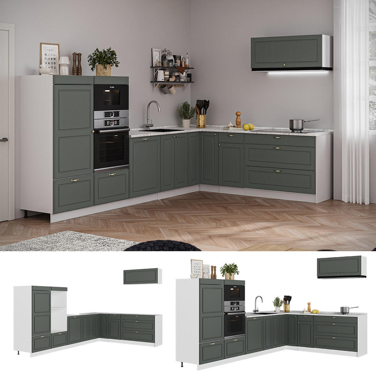 BUCĂTĂRIE PE COLȚ Fame-Line, Casă de țară verde și aurie/Alb, 327 x 227 cm fara blat - alb/verde, compozit lemnos (327/153.6/51.6cm) - Vicco