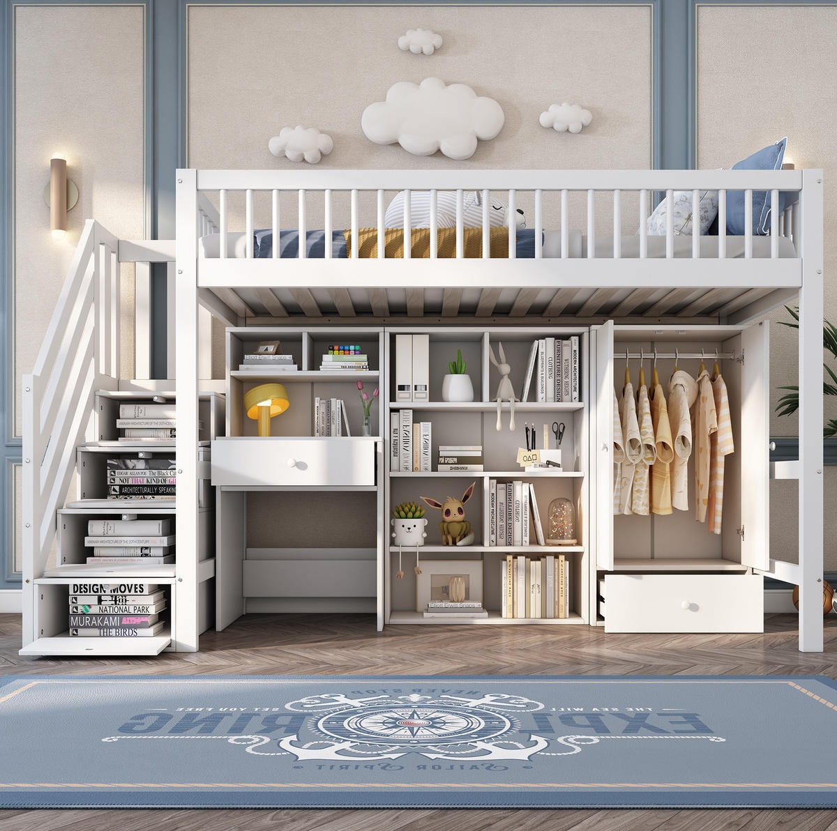 KINDERBETT 90/200 cm mit Schreibtisch, Treppe, Kleiderschrank und Stauraum aus Massivholz/MDF, Weiß - Weiß, Holzwerkstoff (90/200cm) - Redom