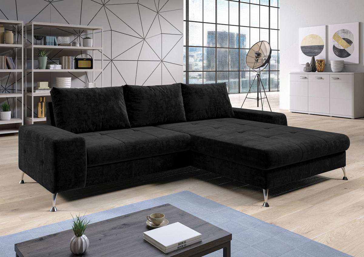 ECKSOFA L Form Artemia Schwarz Samt 275/210/81 cm – modernes Sofa fürs Wohnzimmer R - Silberfarben/Schwarz, Textil/Metall (275/210cm) - AX Living