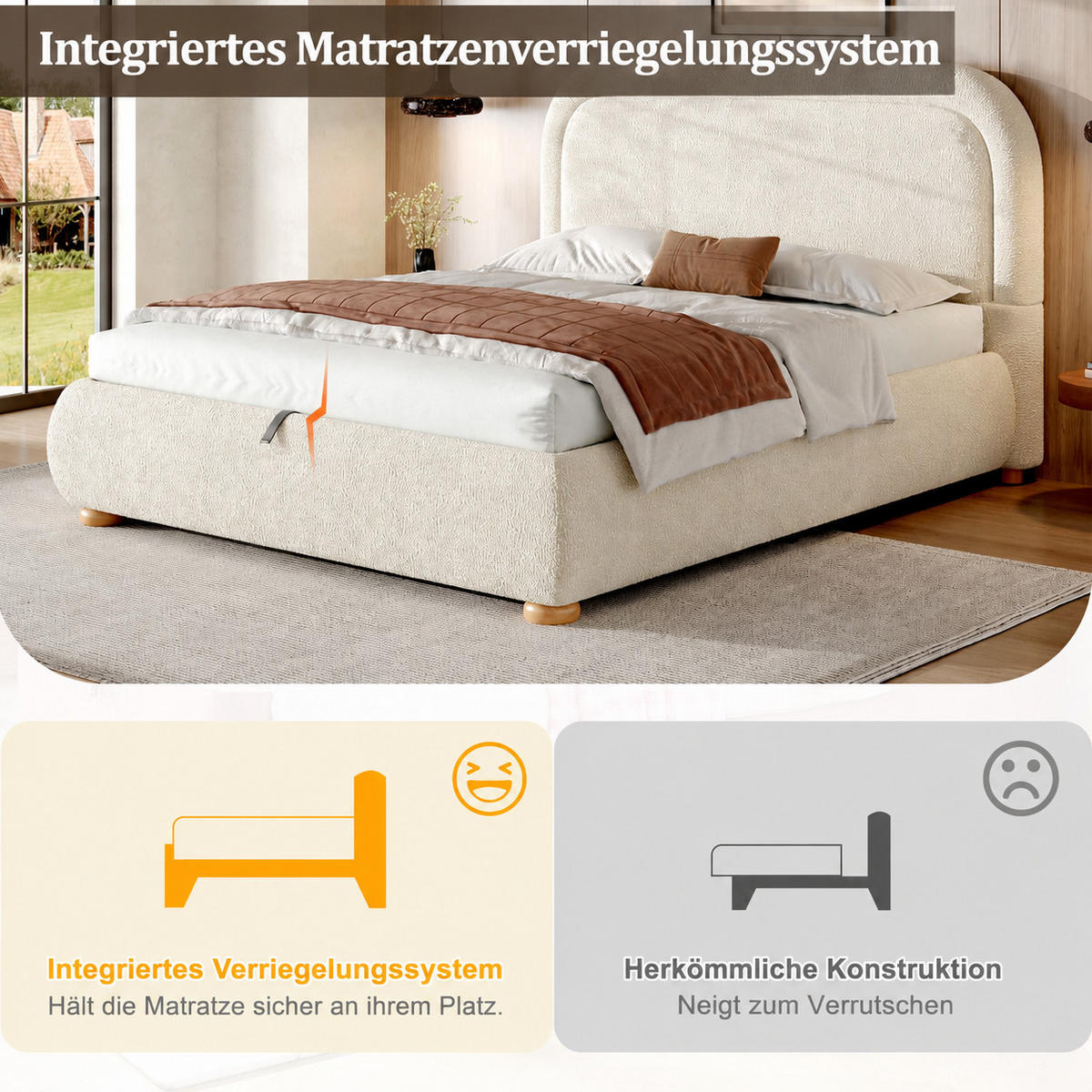 POLSTERBETT aus Bouclé 140x200 cm Beige mit hydraulischem Bettkasten und Lattenrost - Beige, Textil (140/200cm) - Modfu