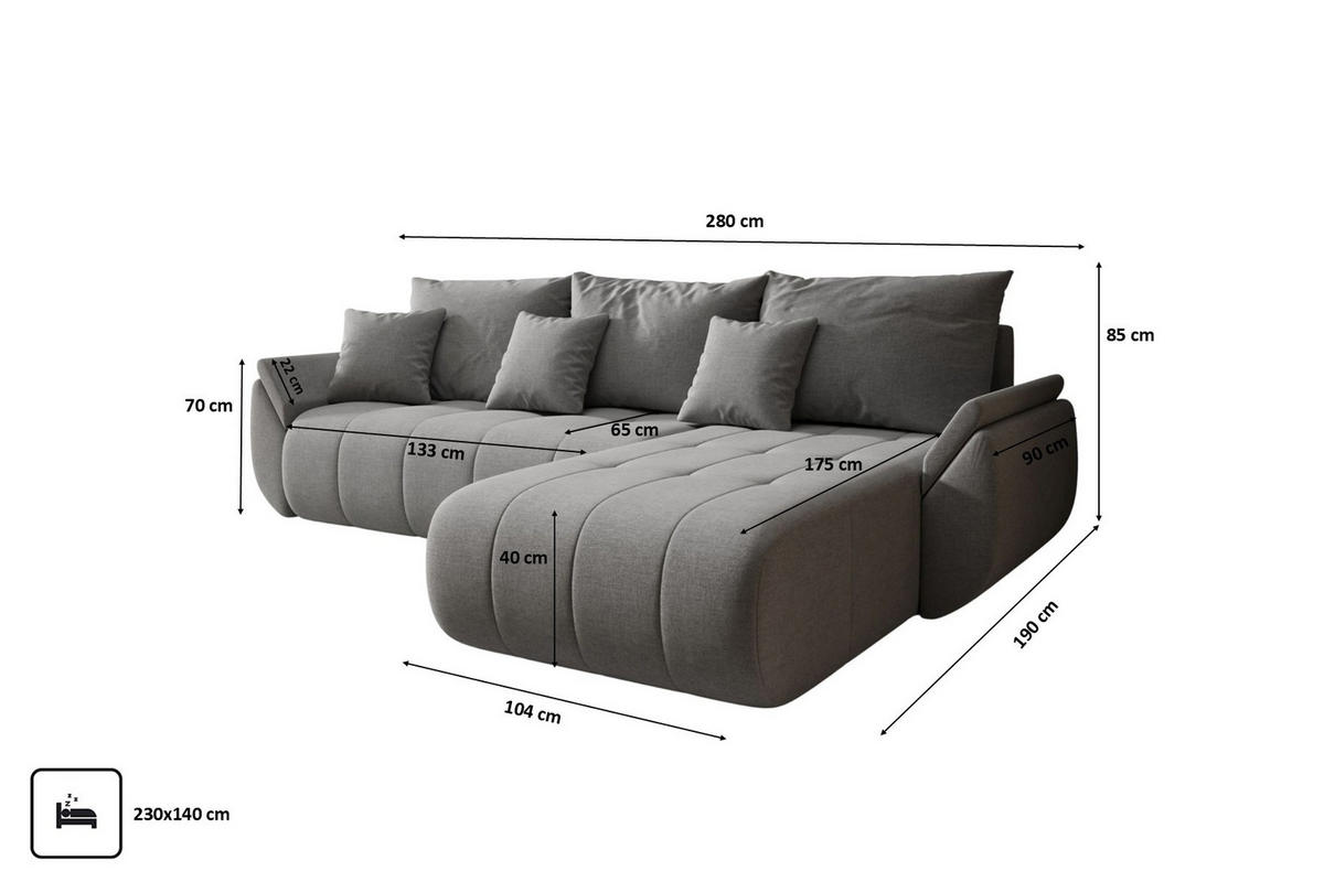 ECKSOFA Mit Schlaffunktion Und Bettkasten TOKYO, Stoff WIND, Braungrau, Rechts - Graubraun, Holz (280/190cm) - Kaiser Möbel